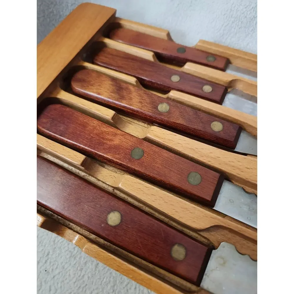 Vintage Real-Keen Wall Hanging Wood Case Knife Set 5 Pc Roast Fork